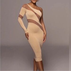 JLUXLABEL TAN EYES FOR YOU ONE SHOULDER BODYCON MIDI DRESS SZ S